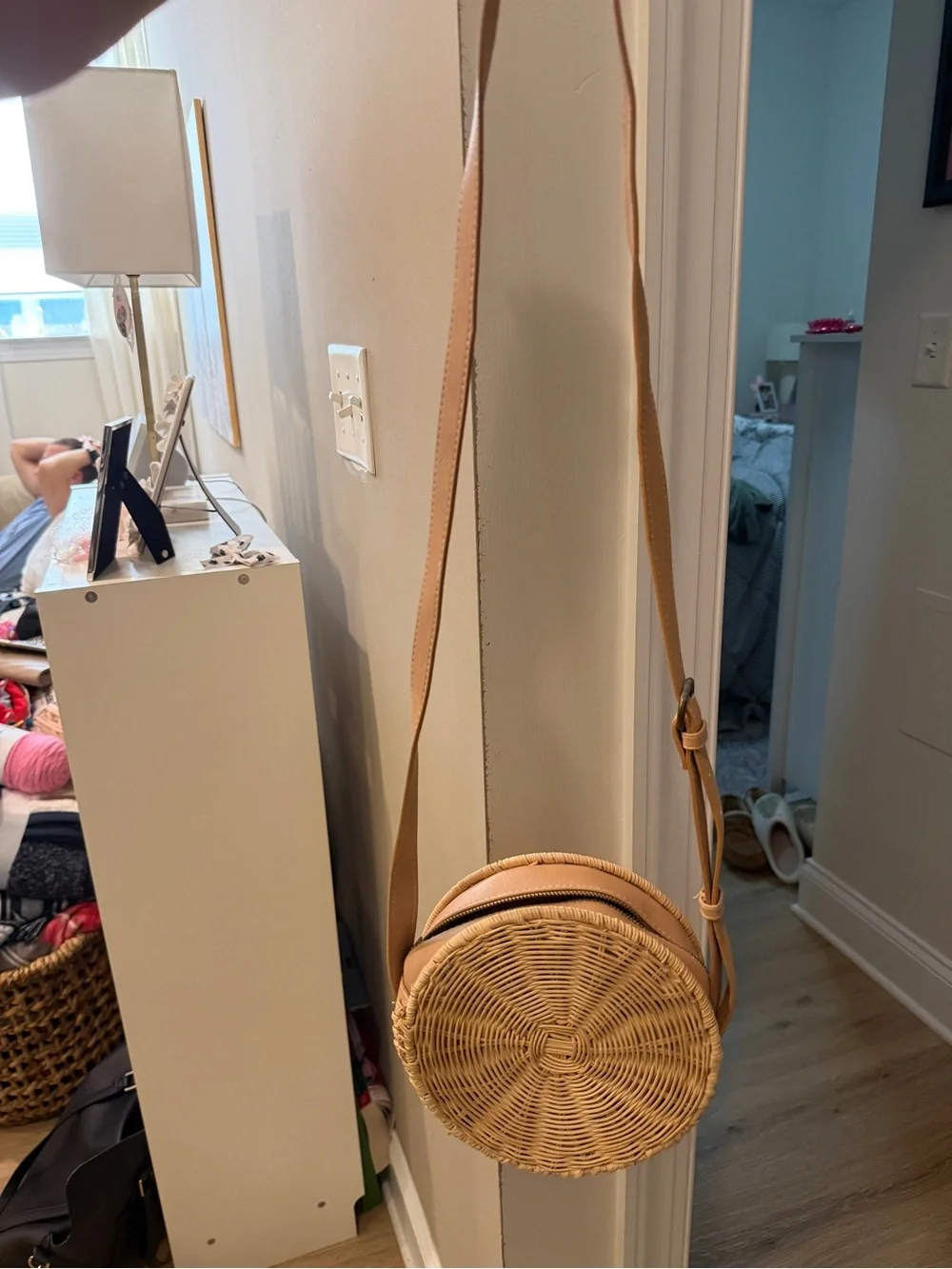 Woven Round Natural Tan Crossbody Bag
